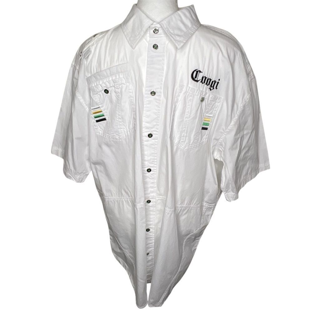 Coogi Australia Designer White Short Sleeve Button Up Shirt Embellished Sz XXL